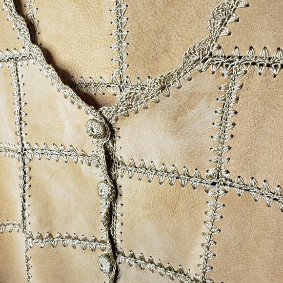 Women's Sz L Handmade Woven Patchwork Leather Jacket Crochet Lace Trim (1630) - Picture 6 of 6